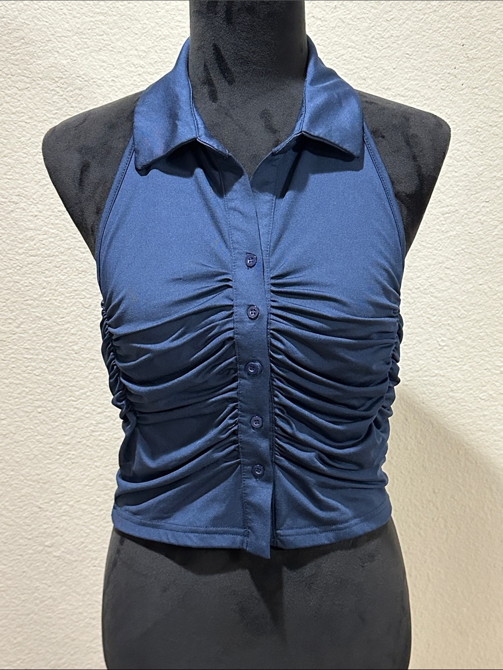 SHEIN Navy Ruched Halter Collared Crop Top